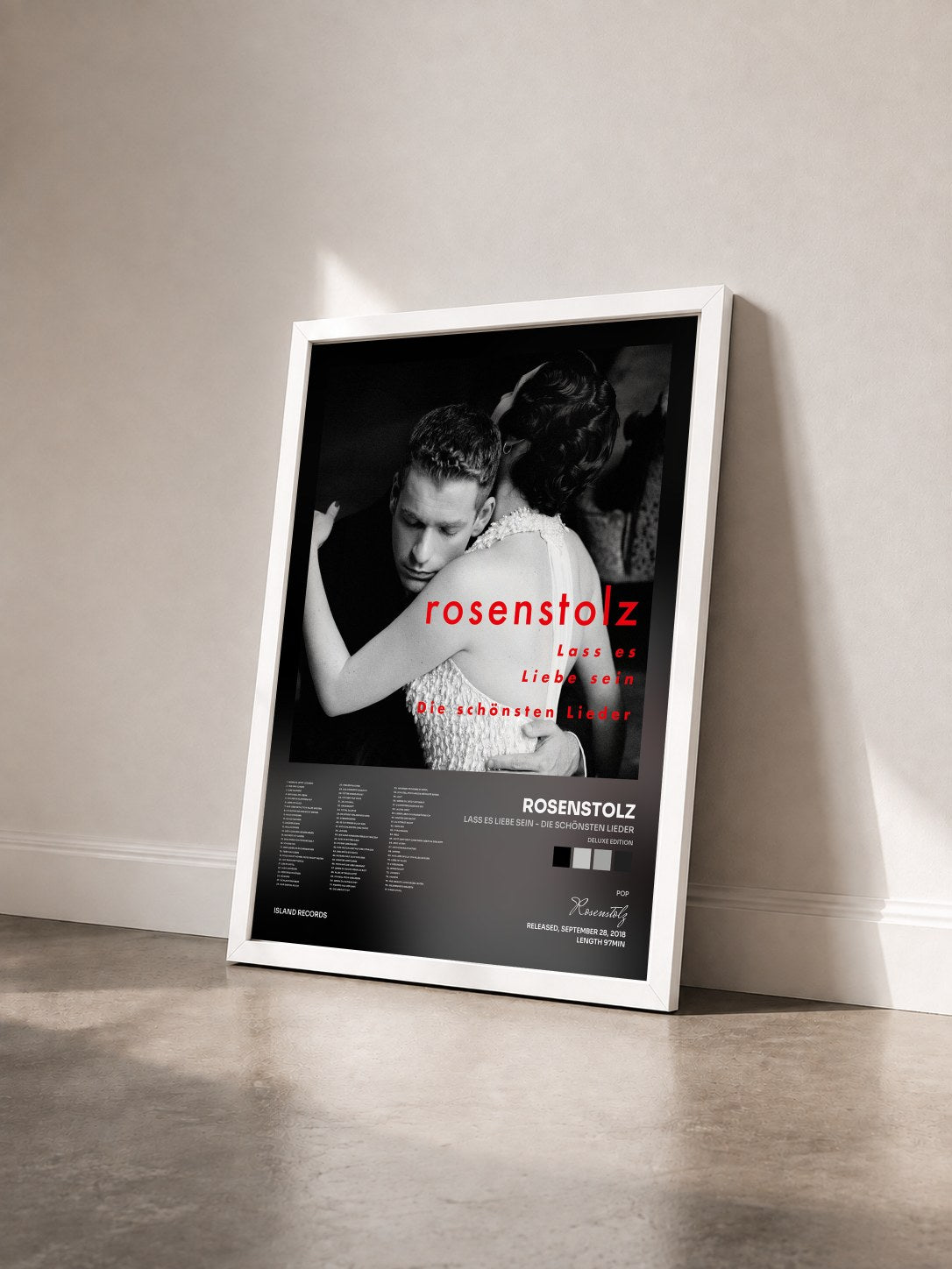 #blanc Tableau de l'album Lass es Liebe sein - Die schönsten Lieder (Deluxe Edition) de Rosenstolz vu de trois quarts, cadre blanc