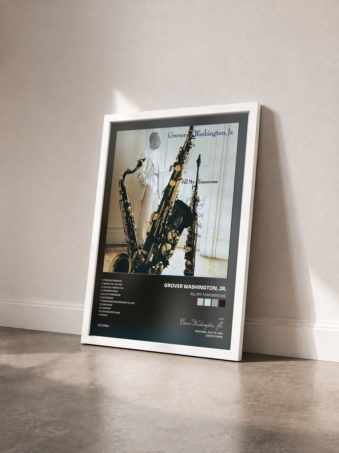 #blanc Tableau de l'album All My Tomorrows de Grover Washington, Jr. vu de trois quarts, cadre blanc
