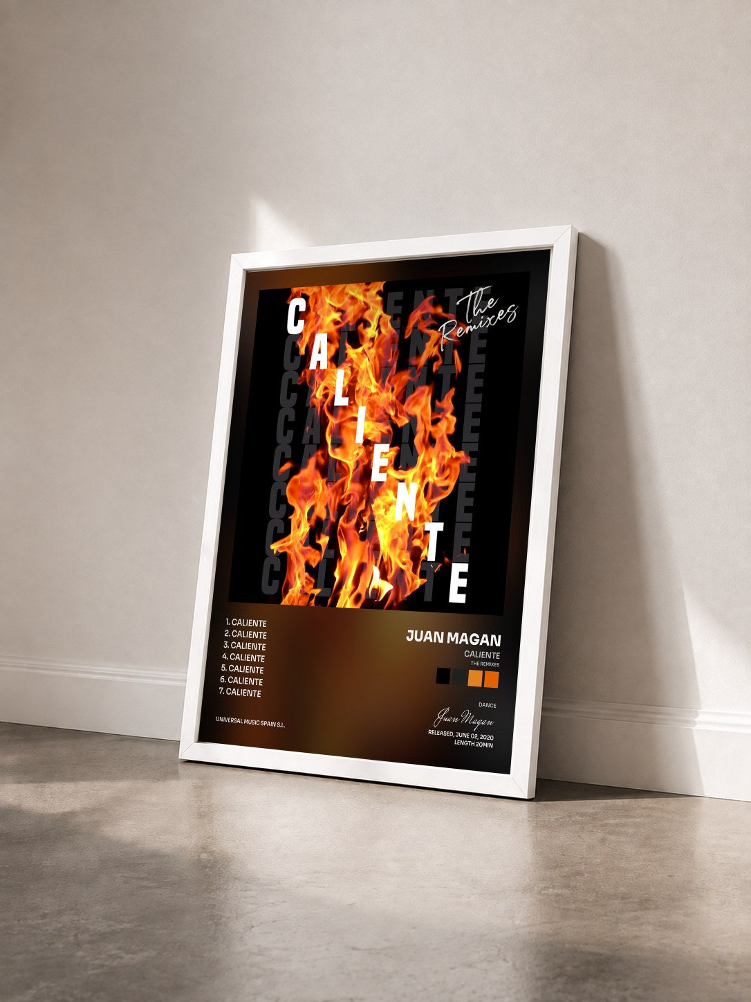 #blanc Tableau de l'album Caliente (The Remixes) de Juan Magan vu de trois quarts, cadre blanc