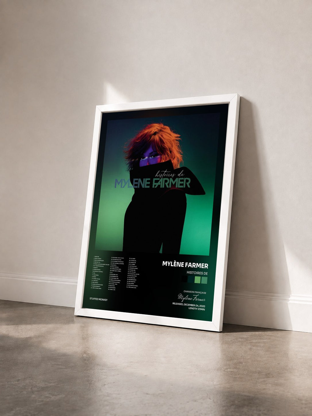 #blanc Histoires de de Mylène Farmer en lámina enmarcada vista de tres cuartos, marco blanco