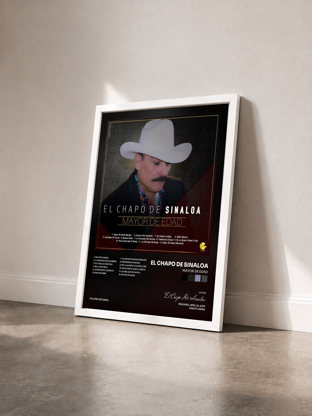 #blanc Tableau de l'album Mayor de Edad de El Chapo De Sinaloa vu de trois quarts, cadre blanc