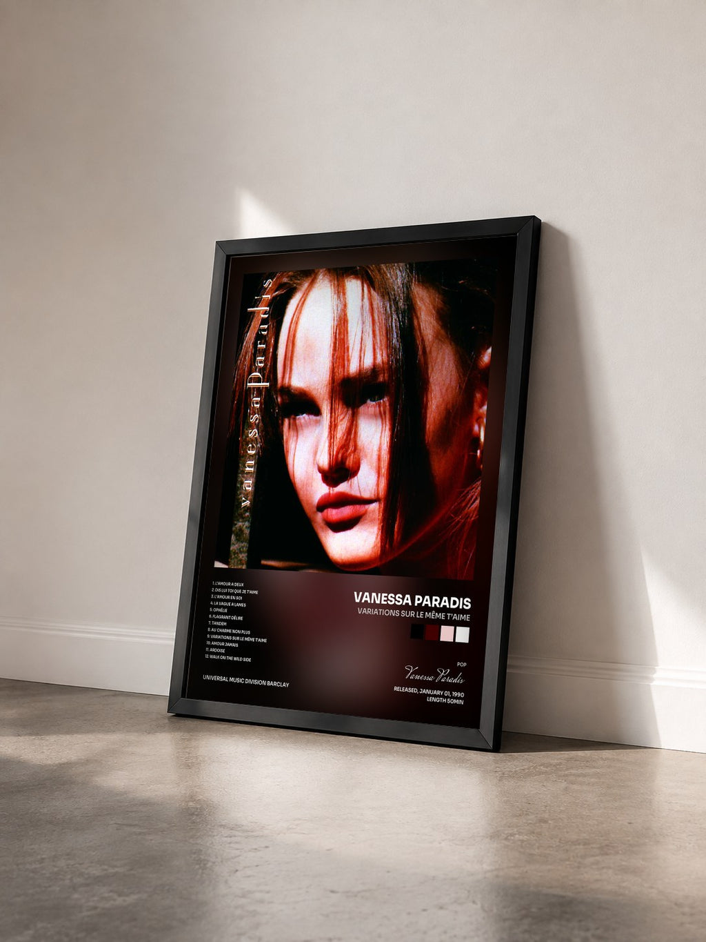 #noir Variations sur le même t’aime by Vanessa Paradis as a framed art print seen at an angle, black frame