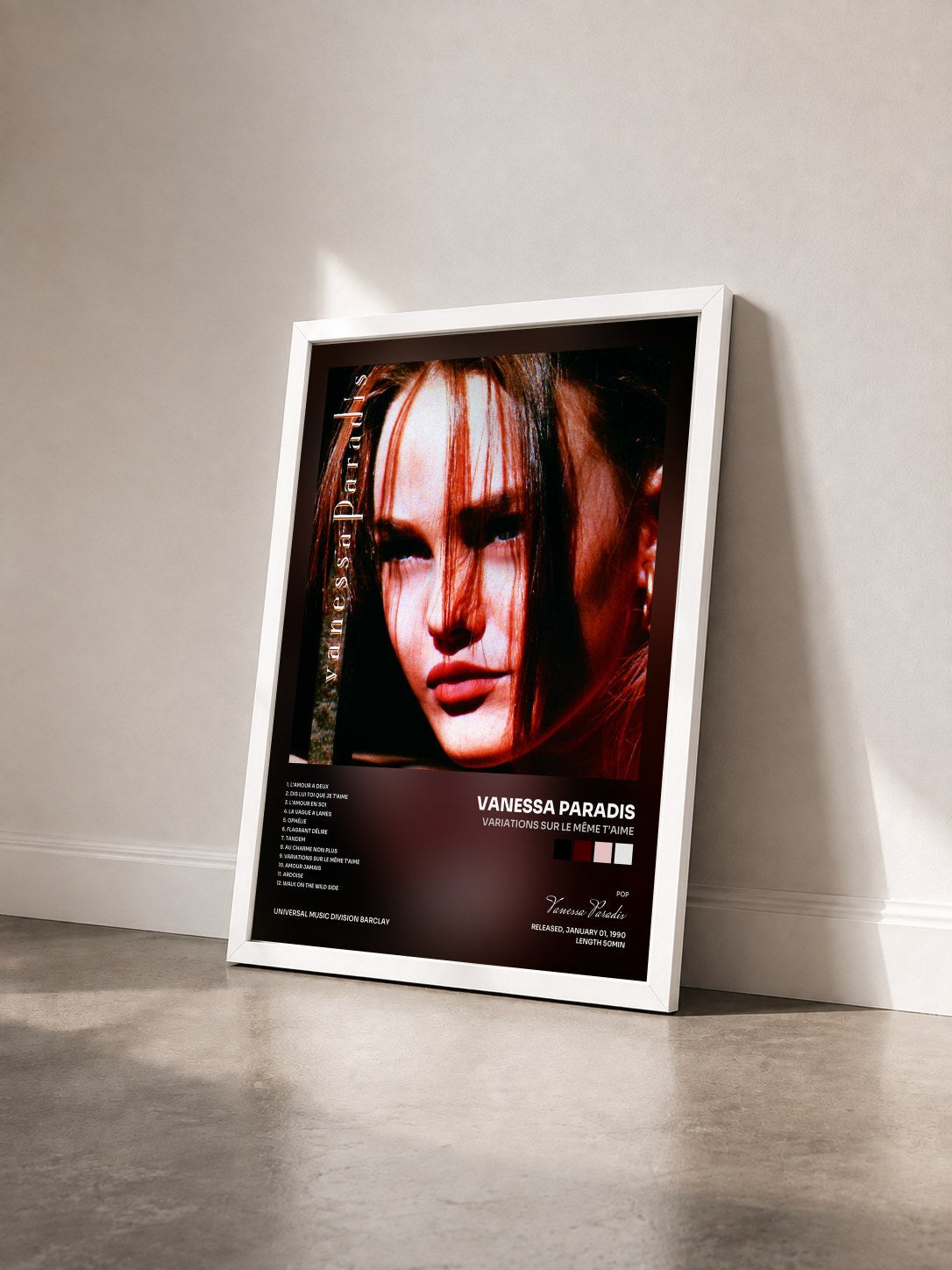 #blanc Variations sur le même t’aime de Vanessa Paradis en lámina enmarcada vista de tres cuartos, marco blanco