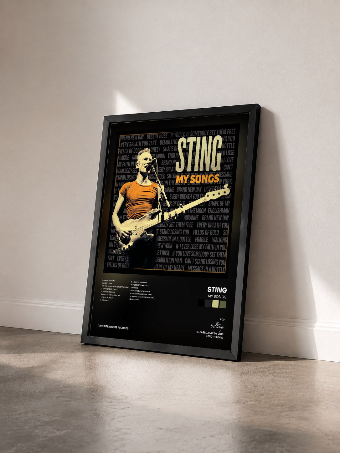 #noir My Songs by Sting as a framed art print seen at an angle, black frame