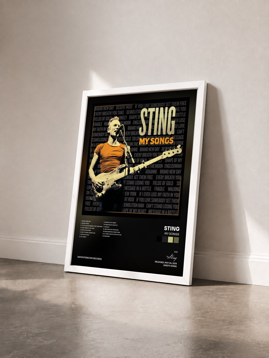 #blanc My Songs by Sting as a framed art print seen at an angle, white frame