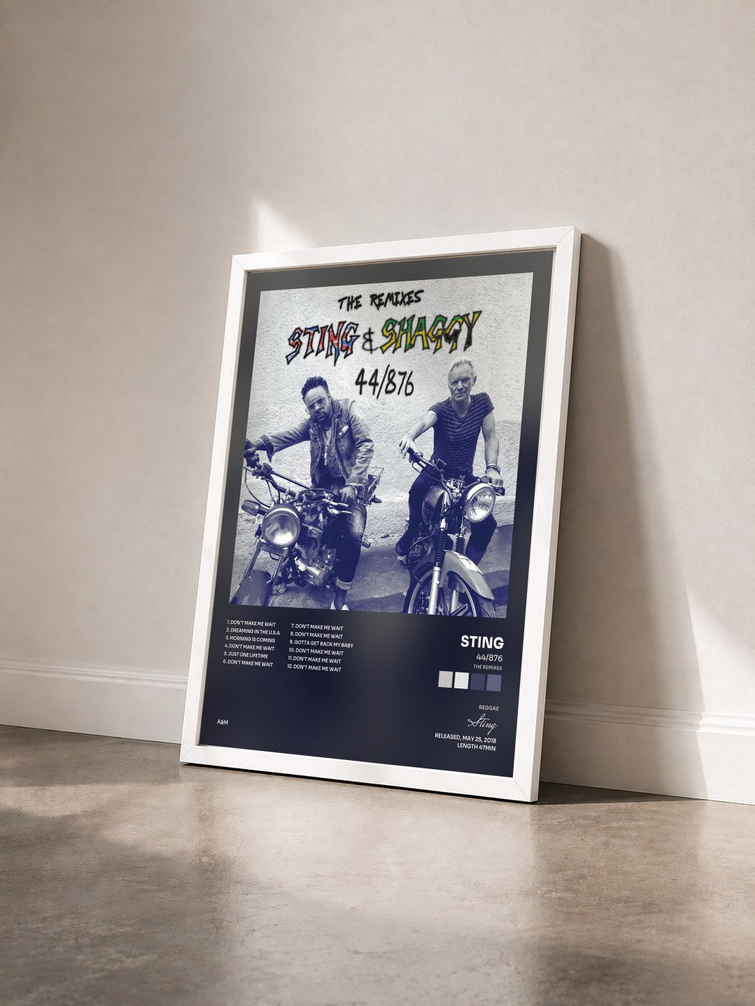 #blanc 44/876 (The Remixes) by Sting as a framed art print seen at an angle, white frame