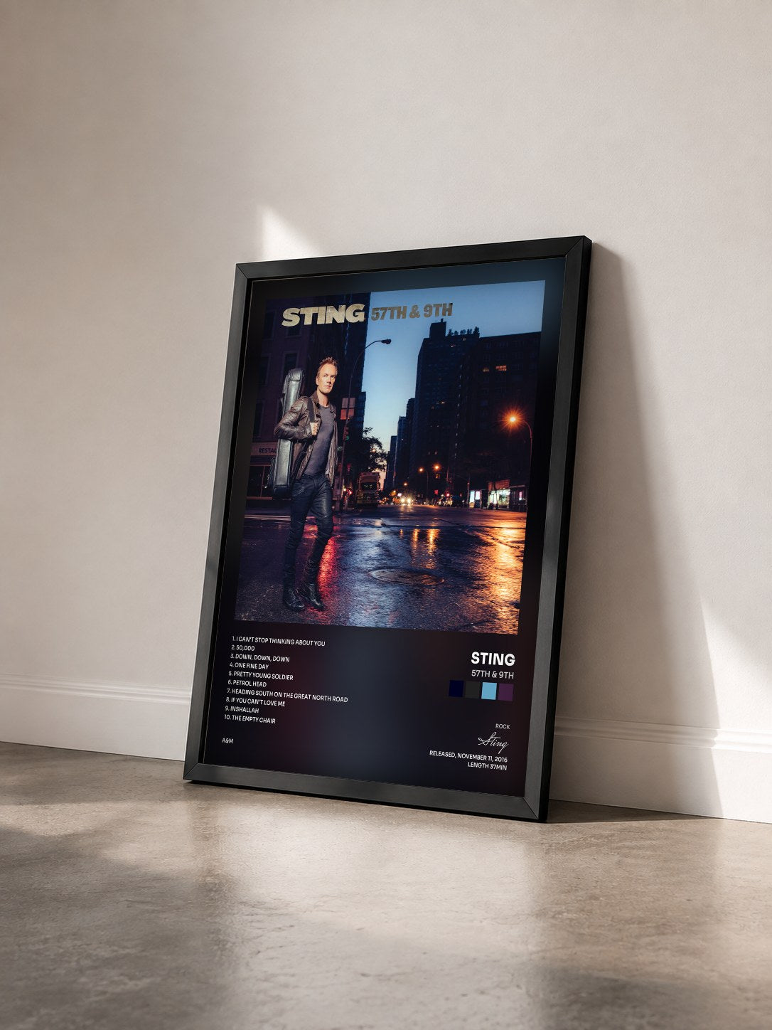 #noir 57TH & 9TH by Sting as a framed art print seen at an angle, black frame