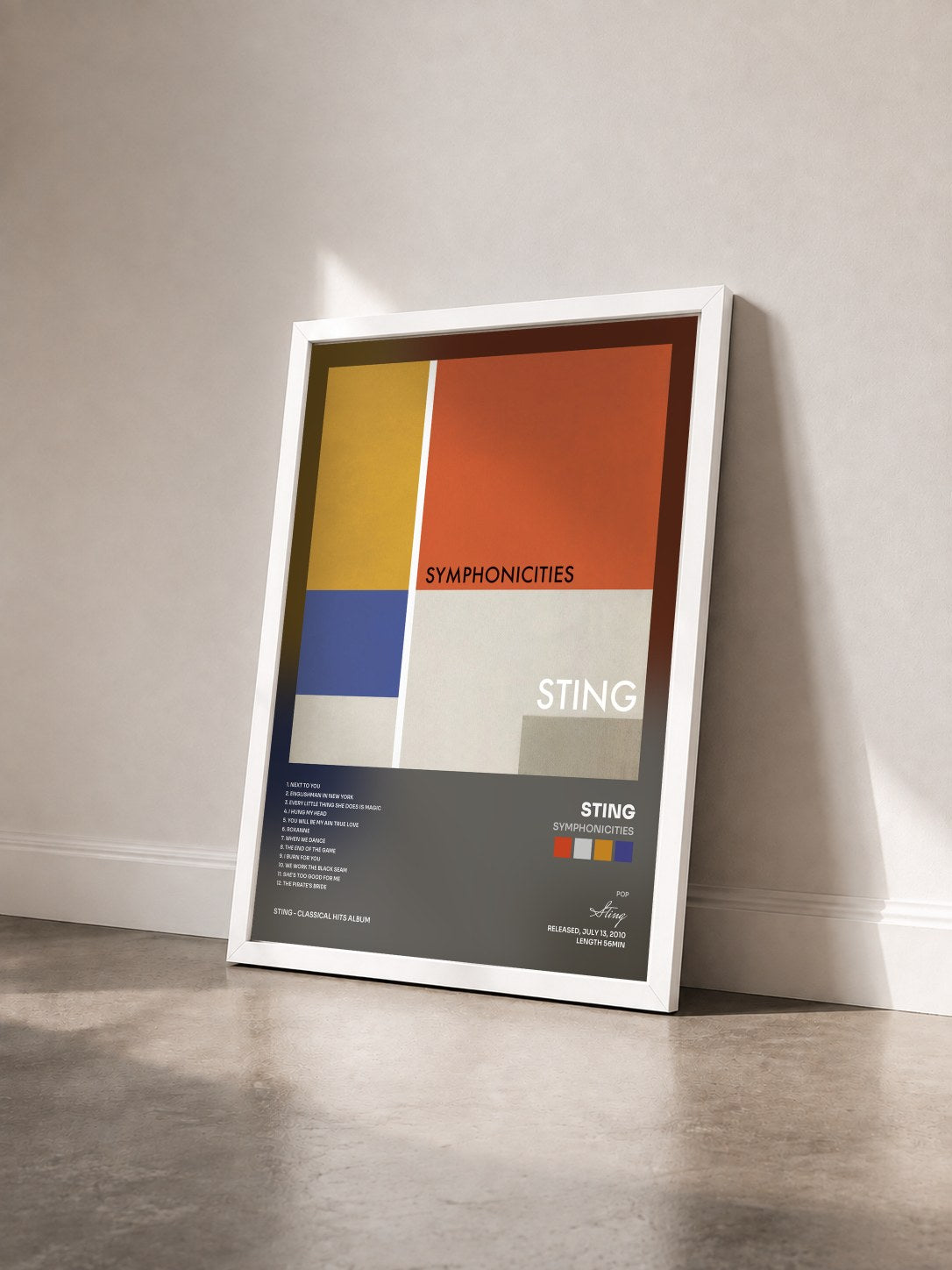 #blanc Symphonicities by Sting as a framed art print seen at an angle, white frame