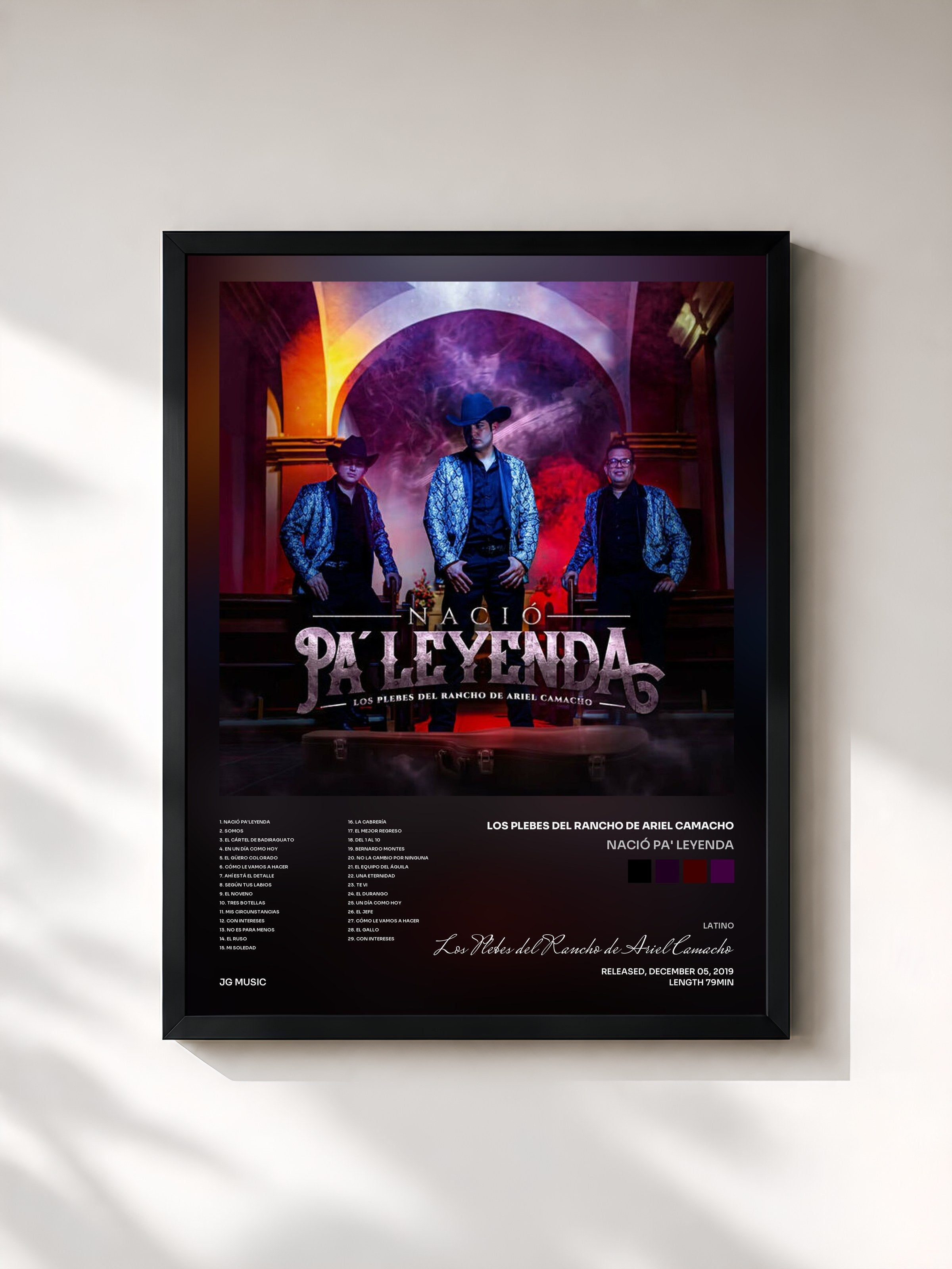 #noir Tableau de l'album Nació Pa' Leyenda de Los Plebes del Rancho de Ariel Camacho, cadre noir, imprimé et encadré en France