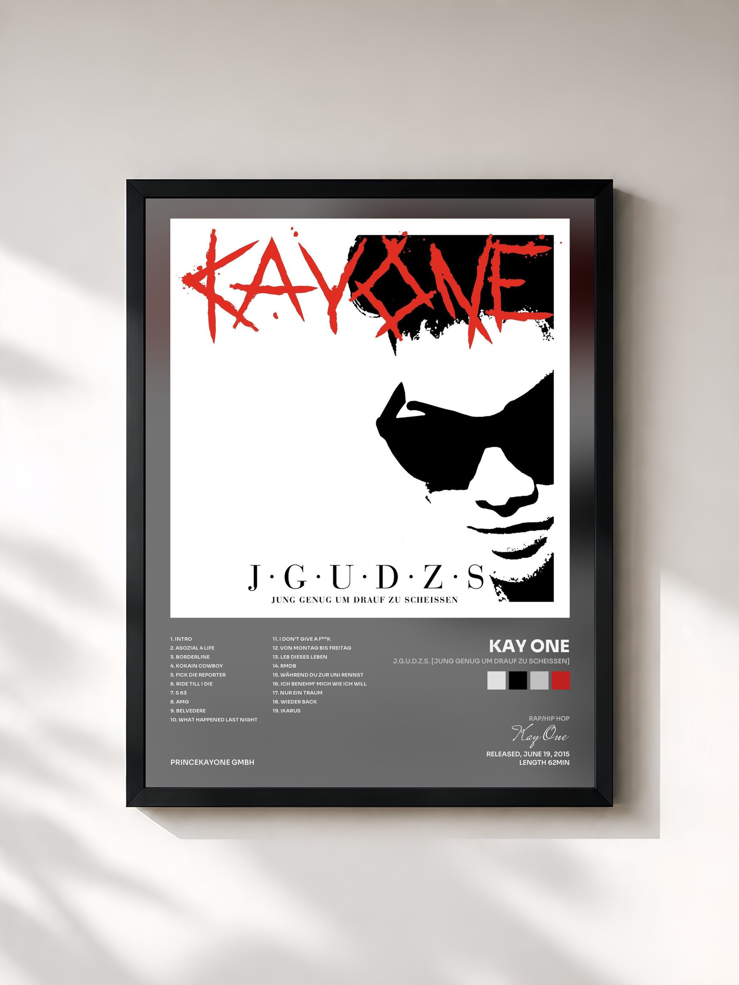 #noir Tableau de l'album J.G.U.D.Z.S. [Jung genug um drauf zu scheissen] de Kay One, cadre noir, imprimé et encadré en France