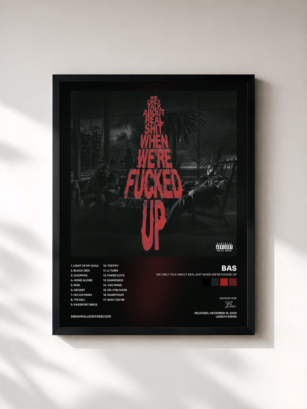 #noir Tableau de l'album We Only Talk About Real Shit When We're Fucked Up de Bas, cadre noir, imprimé et encadré en France