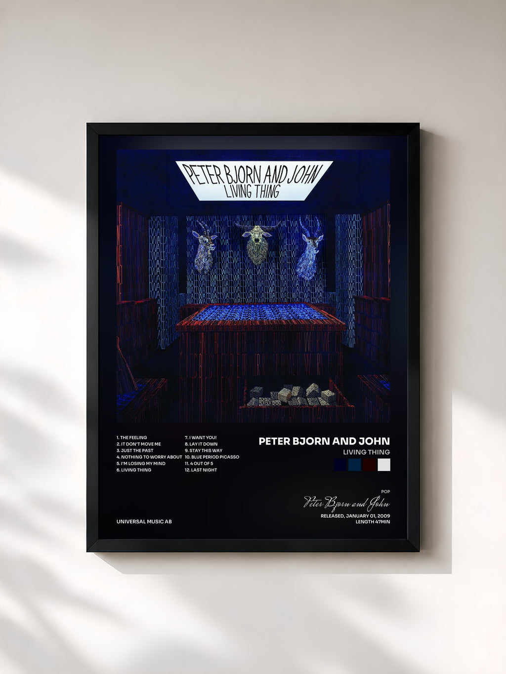 #noir Tableau de l'album Living Thing de Peter Bjorn and John, cadre noir, imprimé et encadré en France