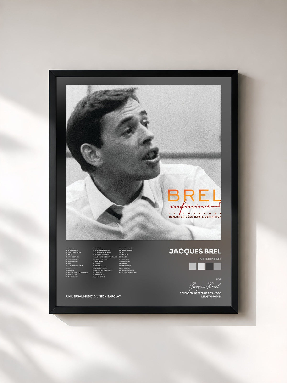 #noir Tableau de l'album Infiniment de Jacques Brel, cadre noir, imprimé et encadré en France