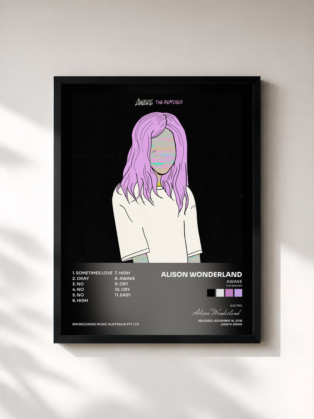 #noir Tableau de l'album Awake (The Remixes) de Alison Wonderland, cadre noir, imprimé et encadré en France