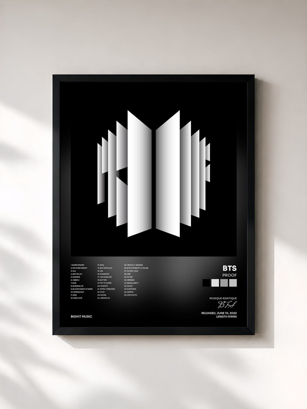 #noir Tableau de l'album Proof de BTS, cadre noir, imprimé et encadré en France