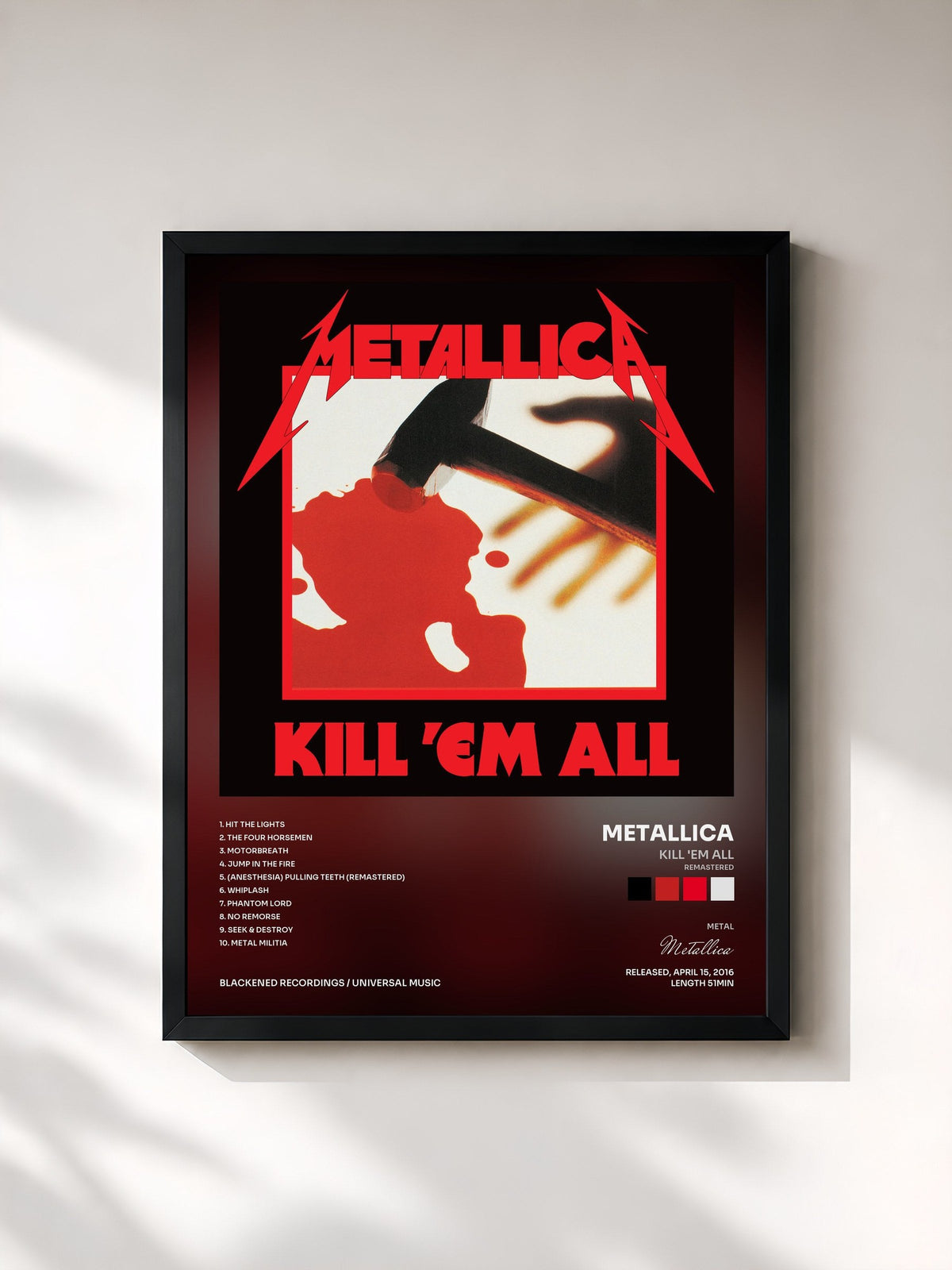 #noir Tableau de l'album Kill 'Em All (Remastered) de Metallica, cadre noir, imprimé et encadré en France