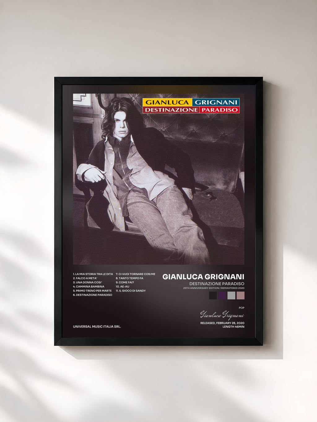 #noir Tableau de l'album Destinazione Paradiso (25th Anniversary Edition / Remastered 2020) de Gianluca Grignani, cadre noir, imprimé et encadré en France