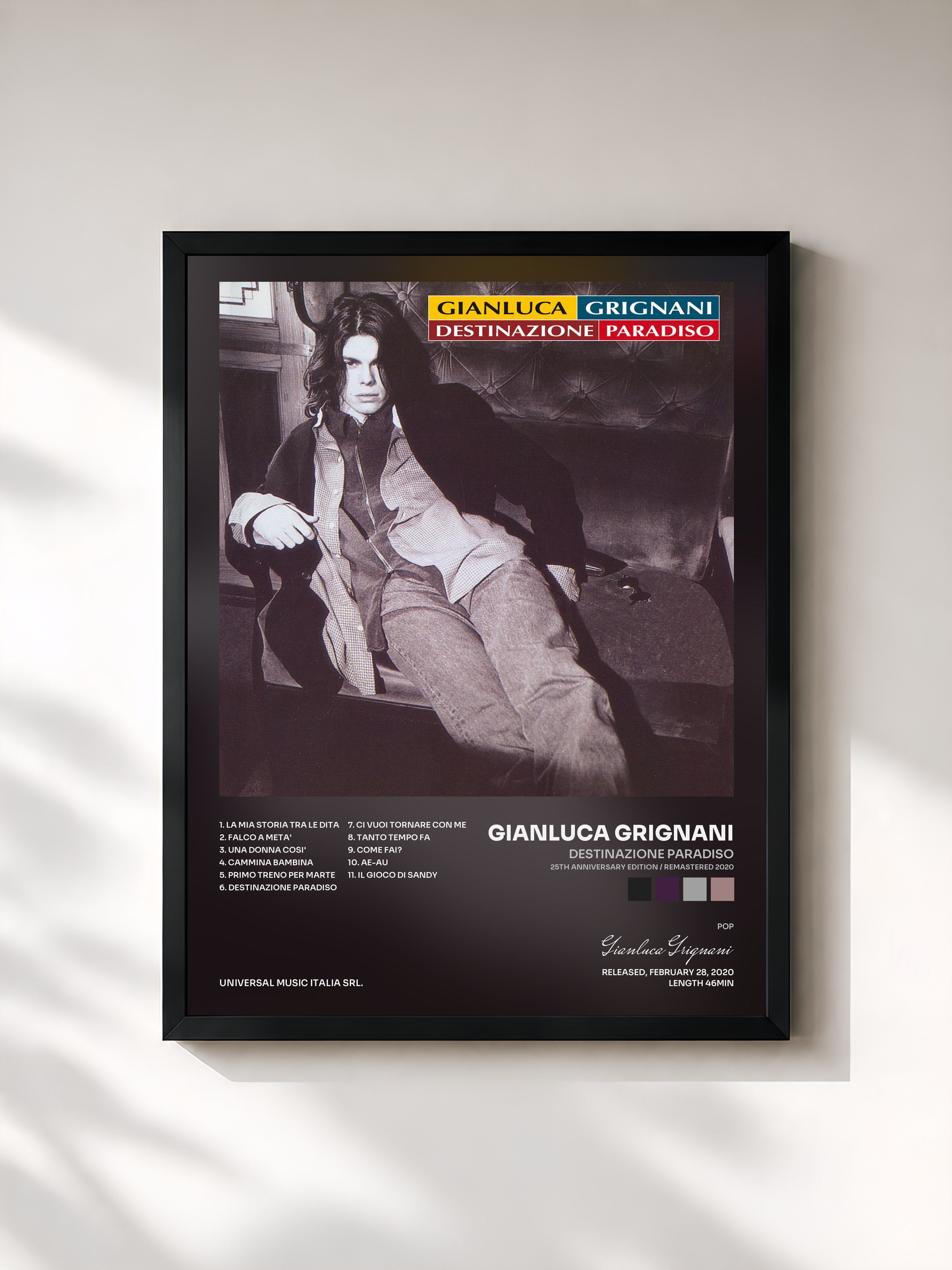 #noir Tableau de l'album Destinazione Paradiso (25th Anniversary Edition / Remastered 2020) de Gianluca Grignani, cadre noir, imprimé et encadré en France