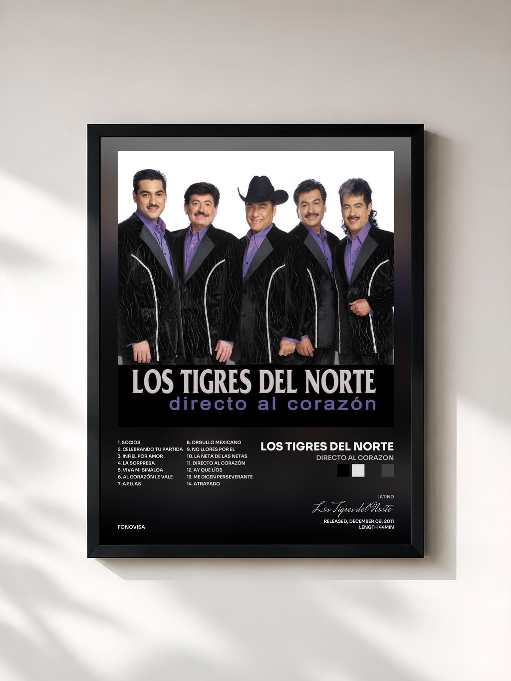 #noir Tableau de l'album Directo Al Corazon de Los Tigres del Norte, cadre noir, imprimé et encadré en France