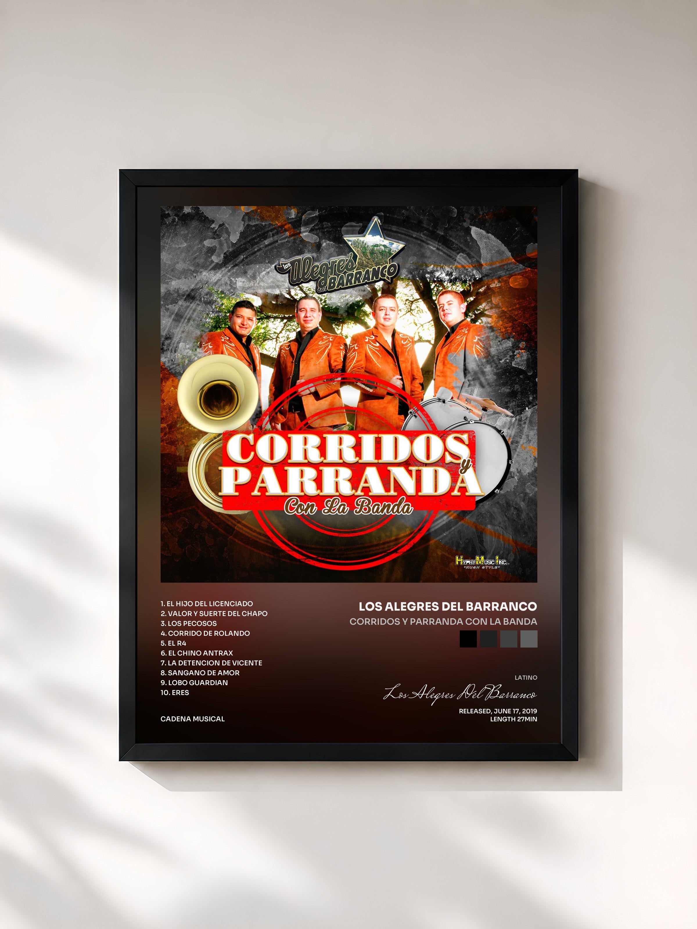 #noir Tableau de l'album Corridos y Parranda Con La Banda de Los Alegres Del Barranco, cadre noir, imprimé et encadré en France