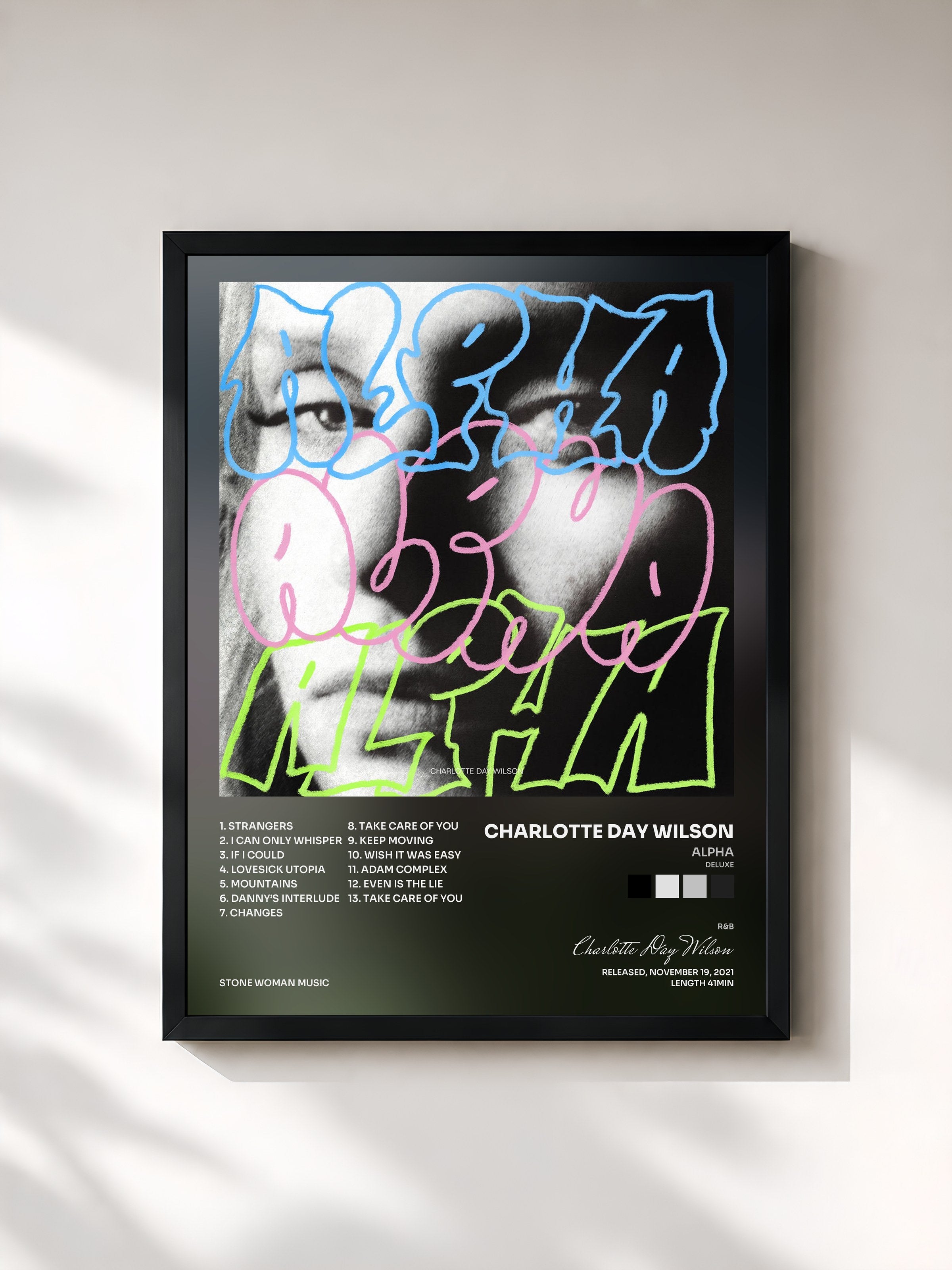 #noir Tableau de l'album ALPHA (Deluxe) de Charlotte Day Wilson, cadre noir, imprimé et encadré en France