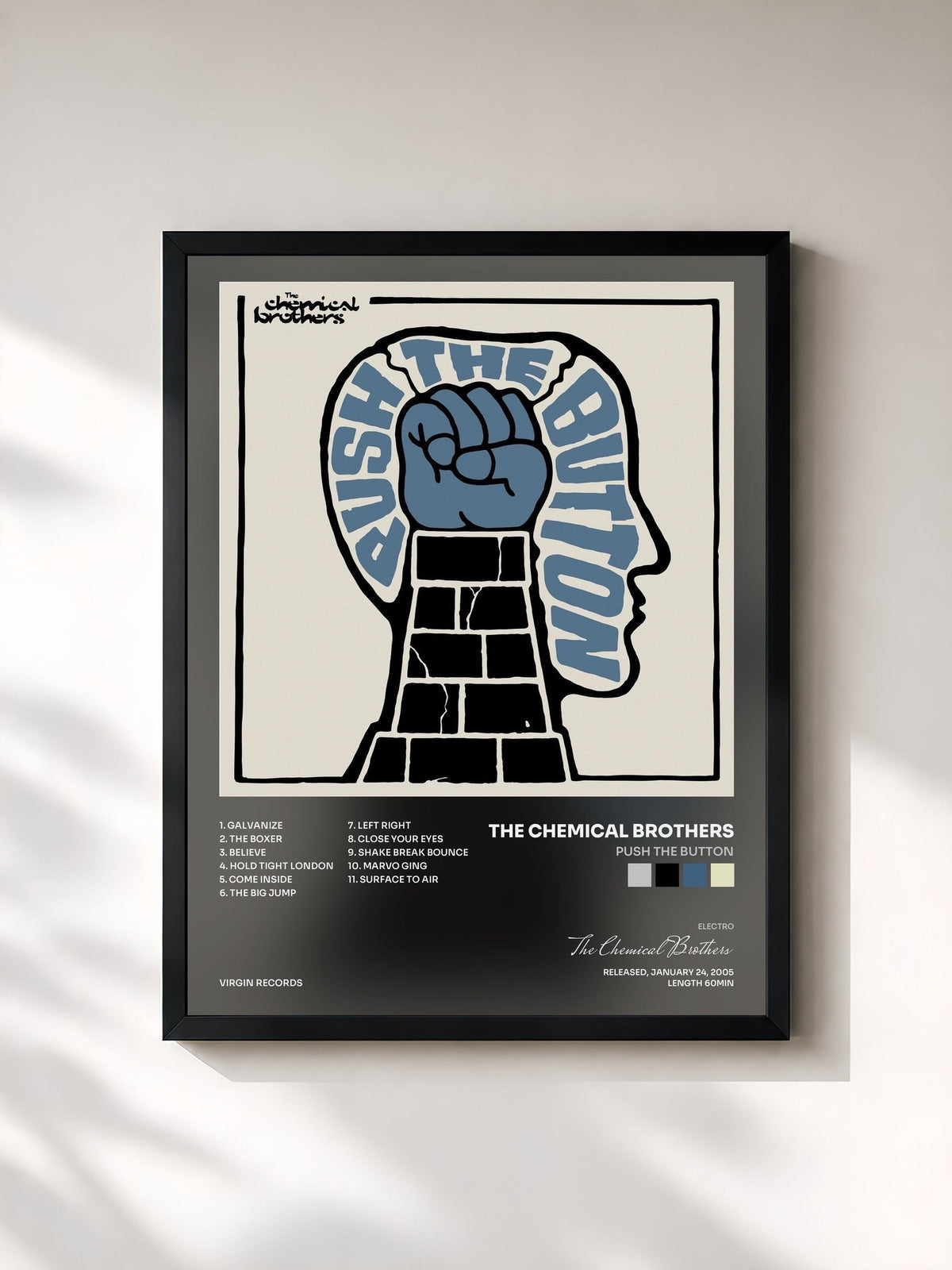 #noir Tableau de l'album Push The Button de The Chemical Brothers, cadre noir, imprimé et encadré en France