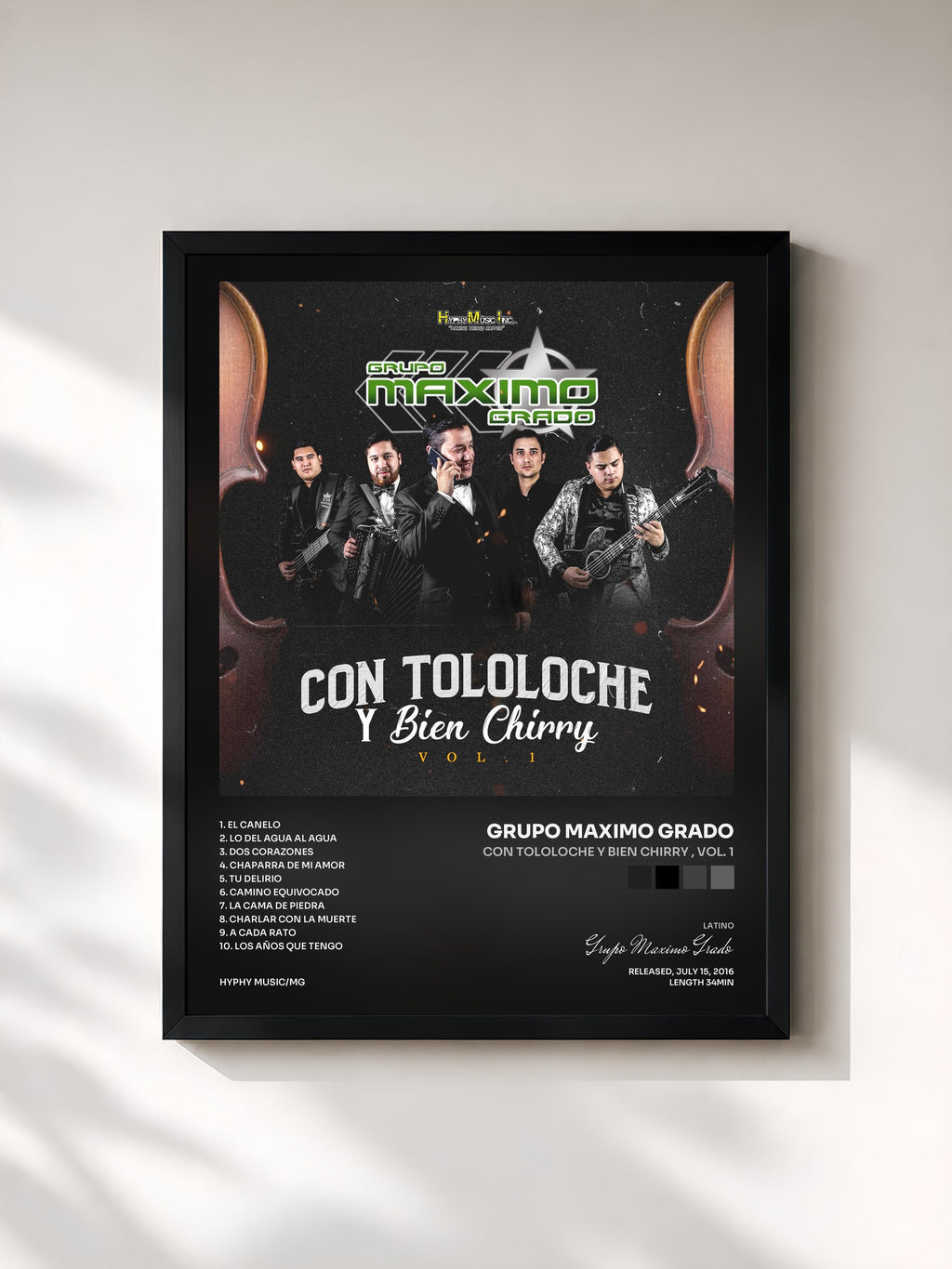 #noir Tableau de l'album Con Tololoche y Bien Chirry , Vol. 1 de Grupo Maximo Grado, cadre noir, imprimé et encadré en France