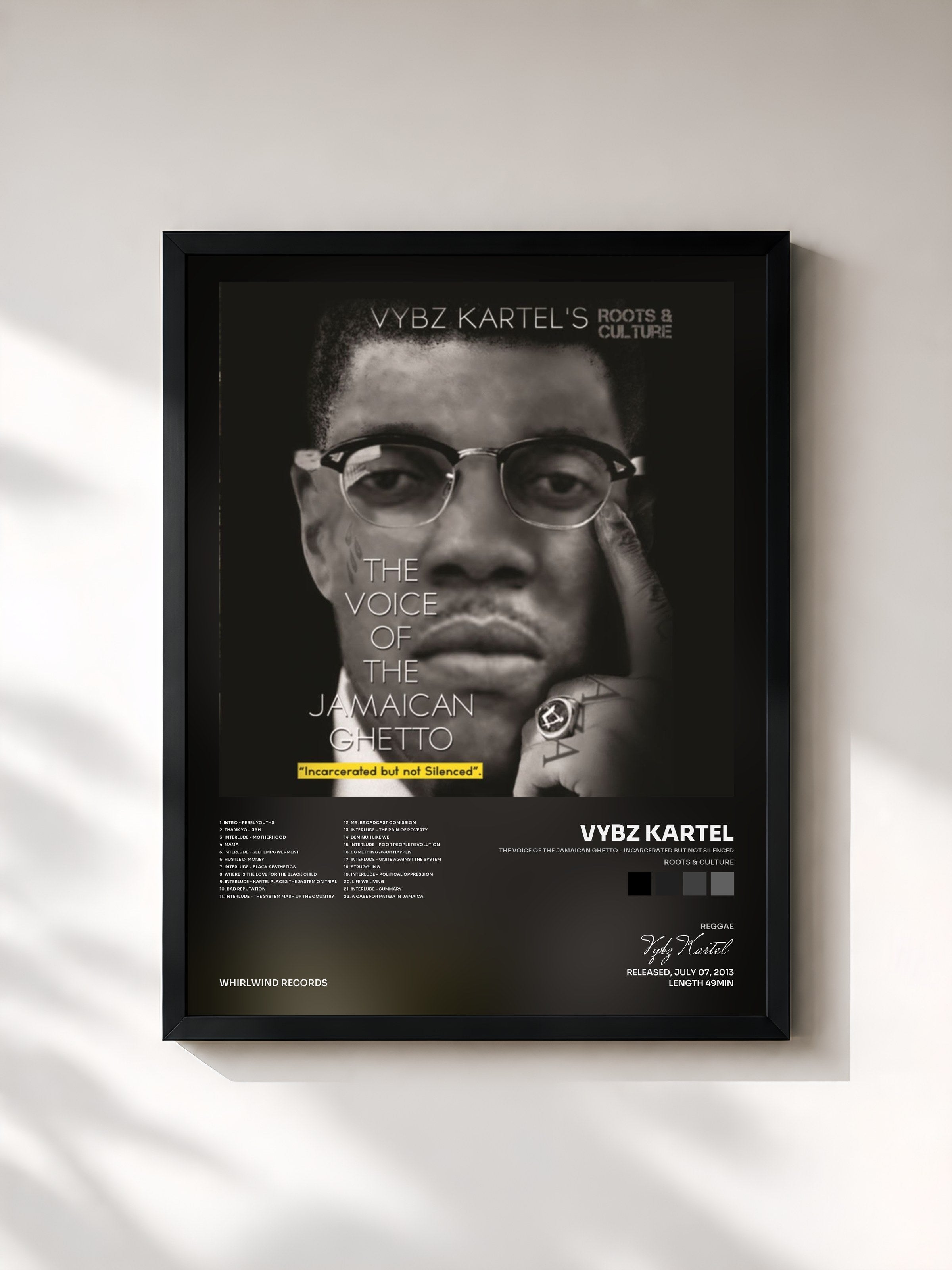 #noir Tableau de l'album The Voice of the Jamaican Ghetto - Incarcerated But Not Silenced (Roots & Culture) de Vybz Kartel, cadre noir, imprimé et encadré en France