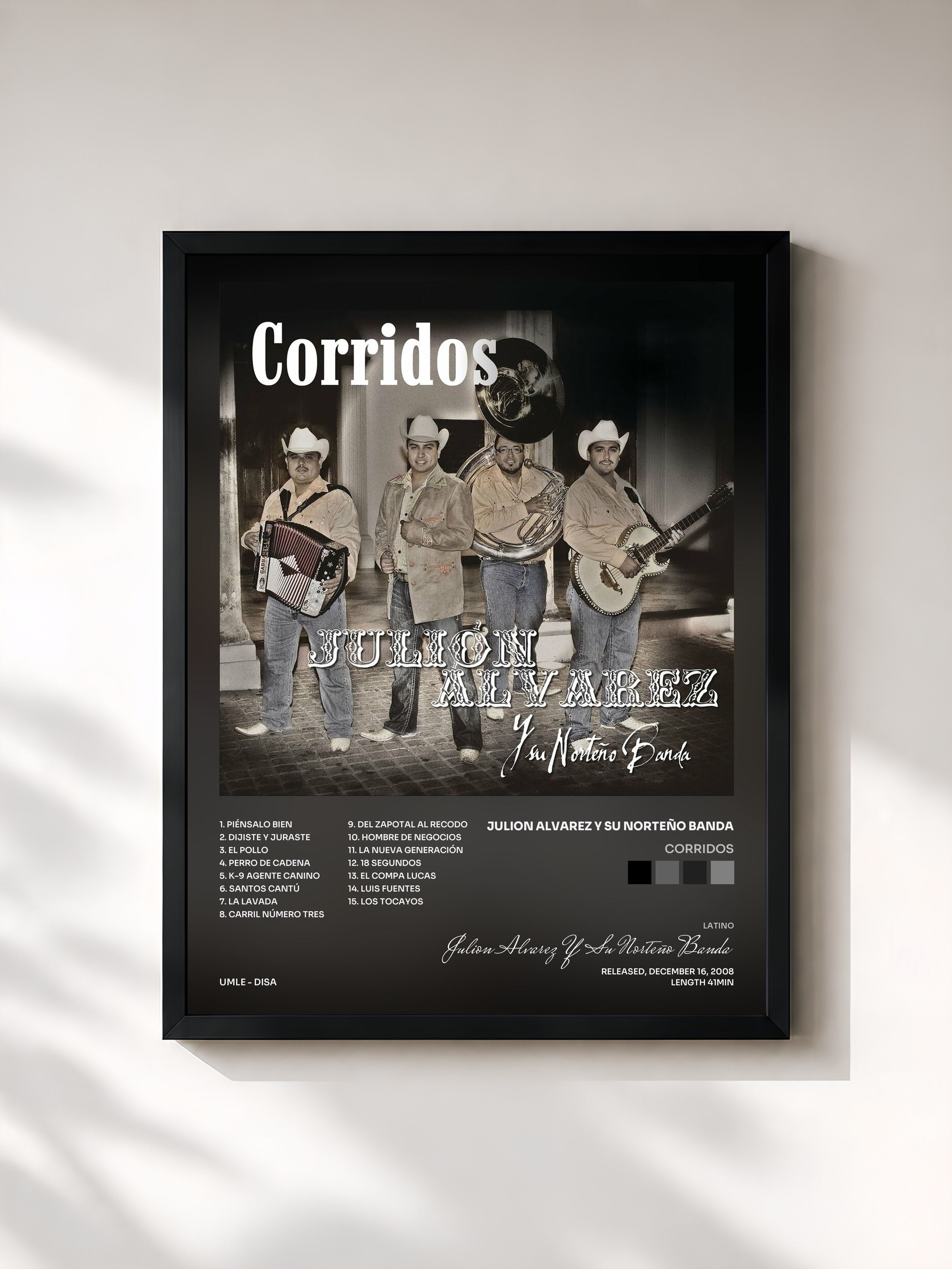 #noir Tableau de l'album Corridos de Julion Alvarez Y Su Norteño Banda, cadre noir, imprimé et encadré en France