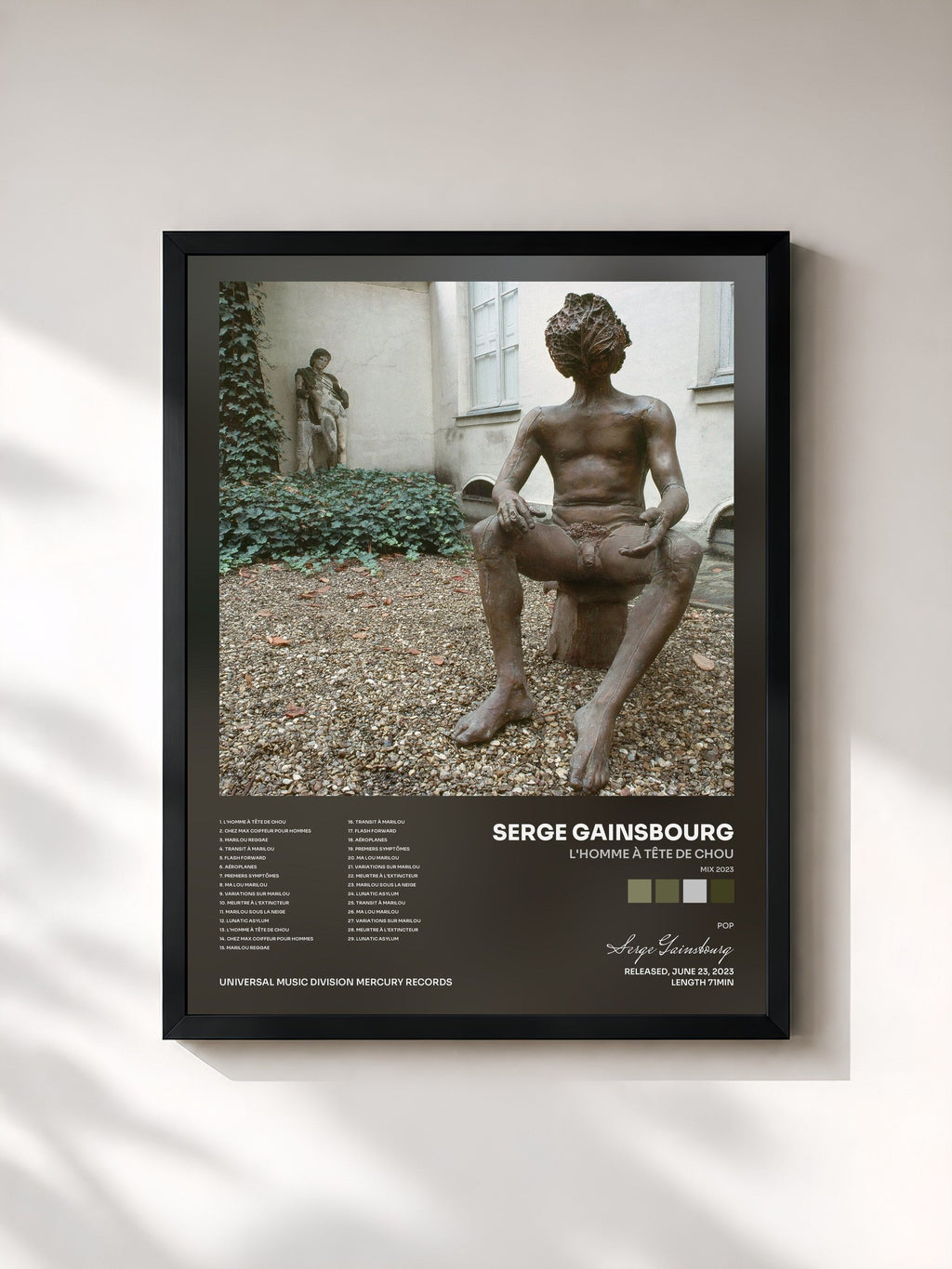 #noir Tableau de l'album L'homme à tête de chou (Mix 2023) de Serge Gainsbourg, cadre noir, imprimé et encadré en France