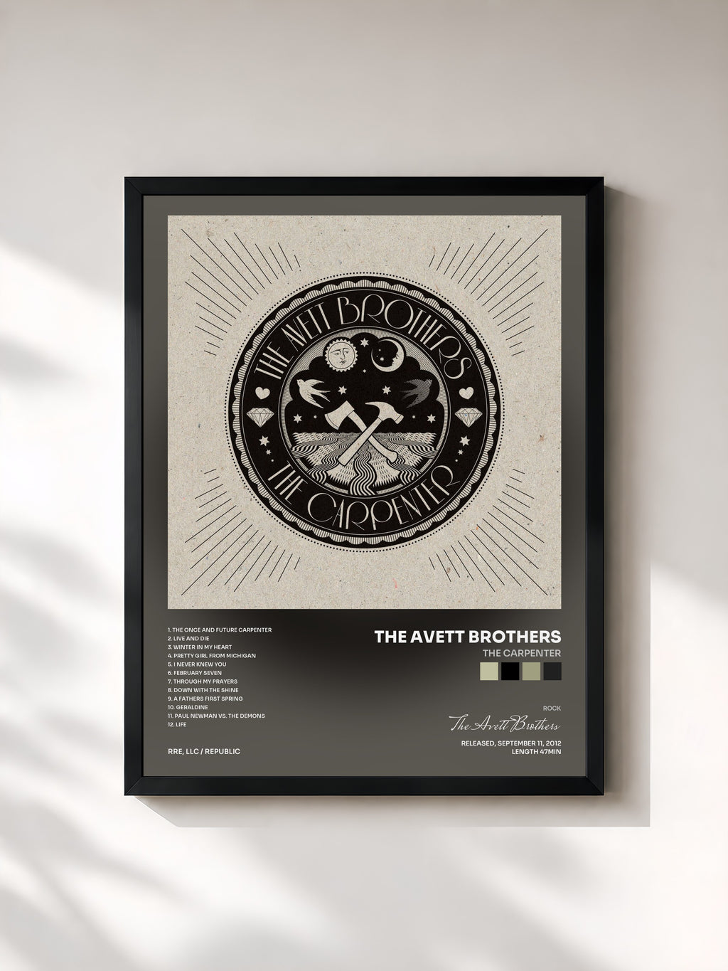 #noir Tableau de l'album The Carpenter de The Avett Brothers, cadre noir, imprimé et encadré en France