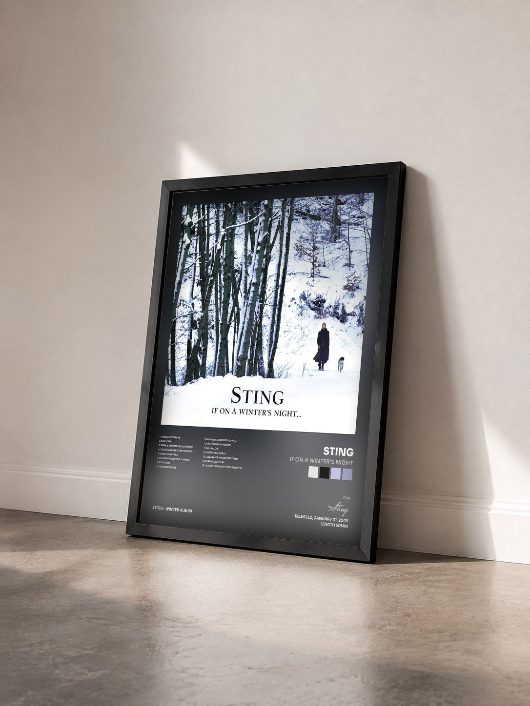 #noir If On A Winter's Night by Sting as a framed art print seen at an angle, black frame