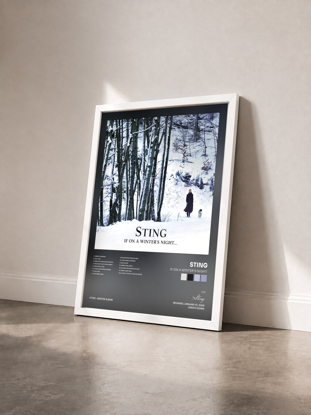 #blanc If On A Winter's Night by Sting as a framed art print seen at an angle, white frame