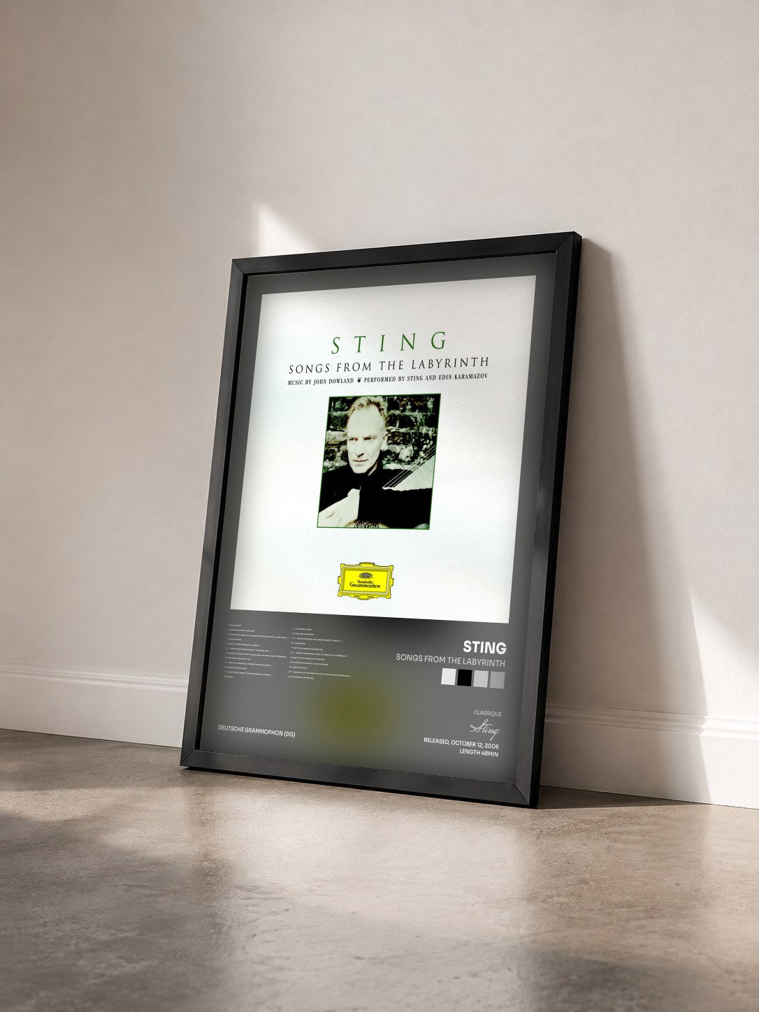 #noir Songs From The Labyrinth by Sting as a framed art print seen at an angle, black frame