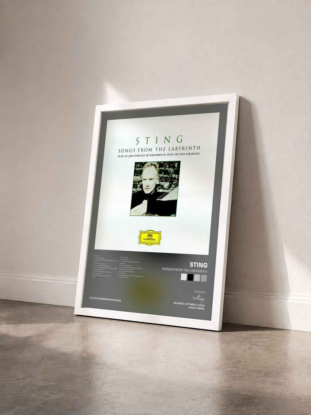 #blanc Tableau de l'album Songs From The Labyrinth de Sting vu de trois quarts, cadre blanc