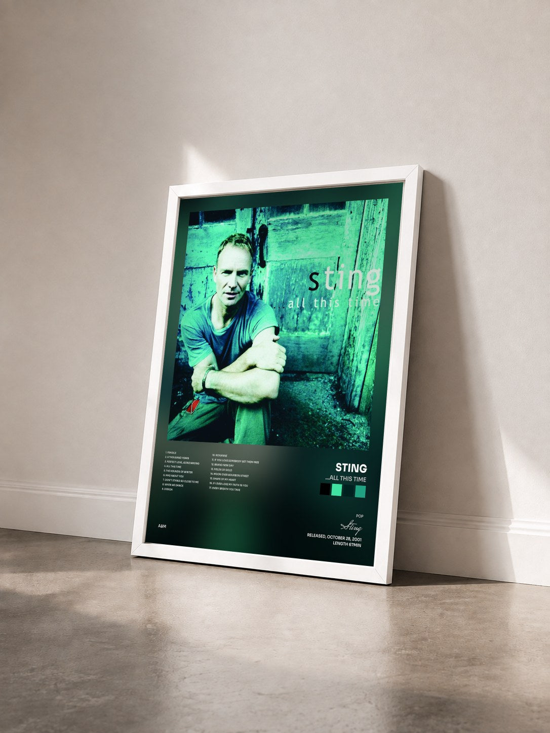 #blanc ...All This Time by Sting as a framed art print seen at an angle, white frame