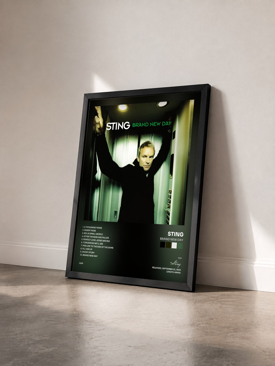 #noir Brand New Day by Sting as a framed art print seen at an angle, black frame