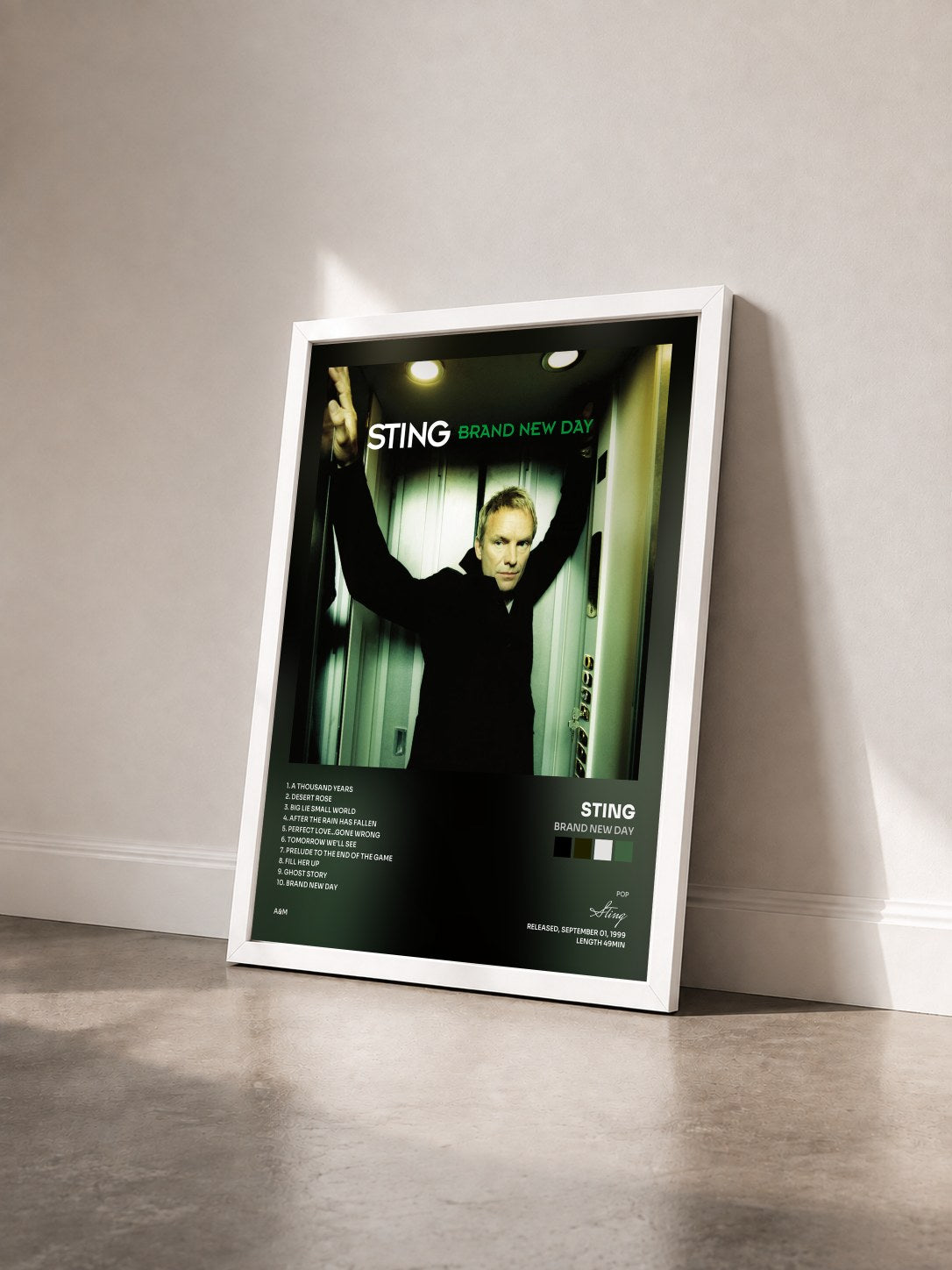 #blanc Brand New Day by Sting as a framed art print seen at an angle, white frame