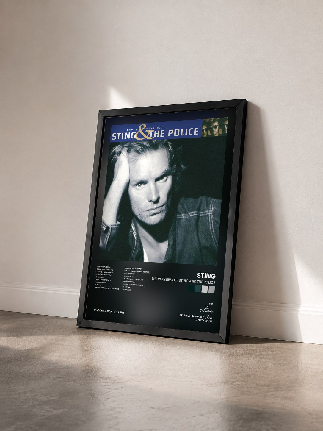 #noir Tableau de l'album The Very Best Of Sting And The Police de Sting vu de trois quarts, cadre noir