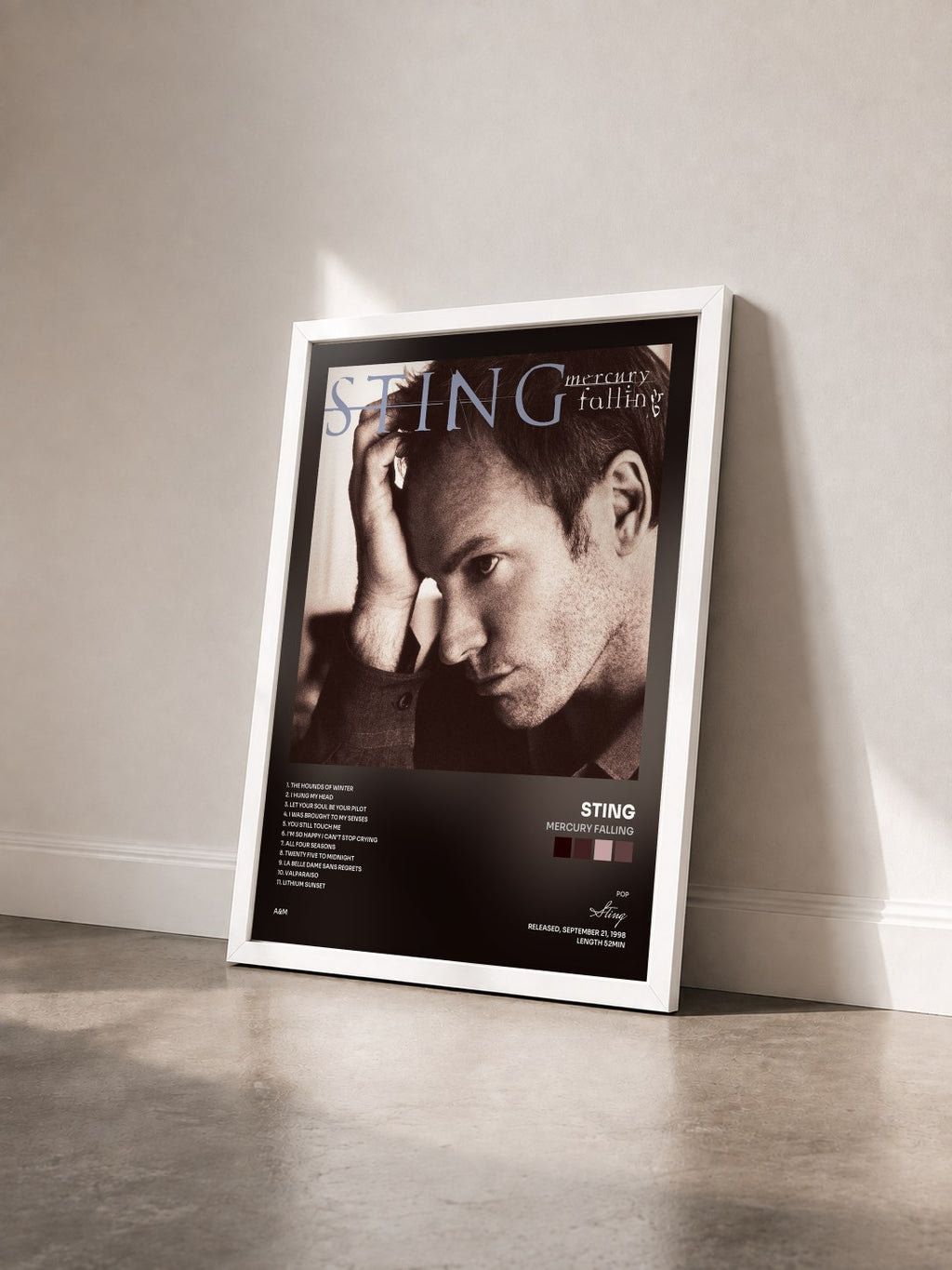 #blanc Mercury Falling by Sting as a framed art print seen at an angle, white frame