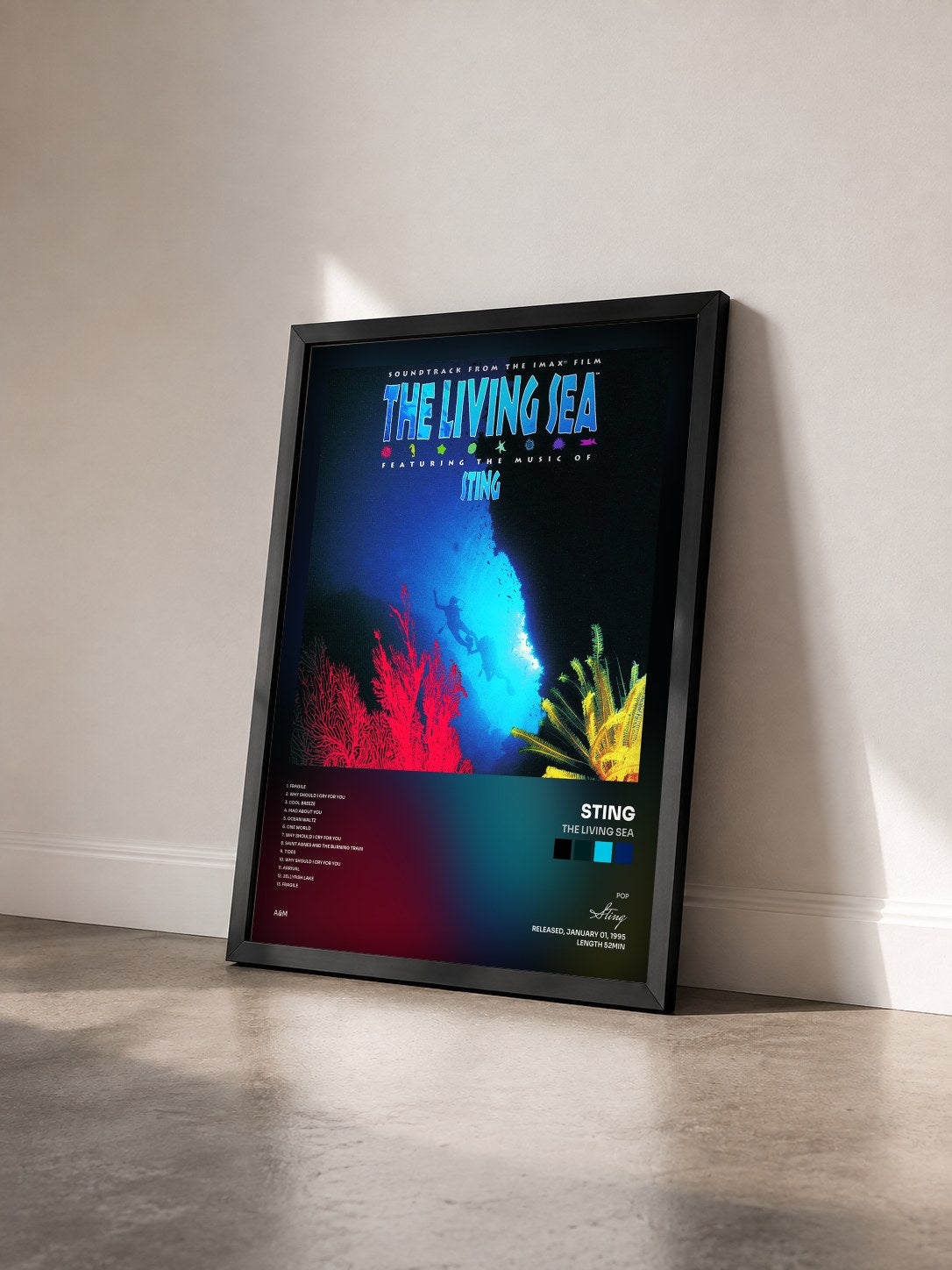 #noir The Living Sea by Sting as a framed art print seen at an angle, black frame