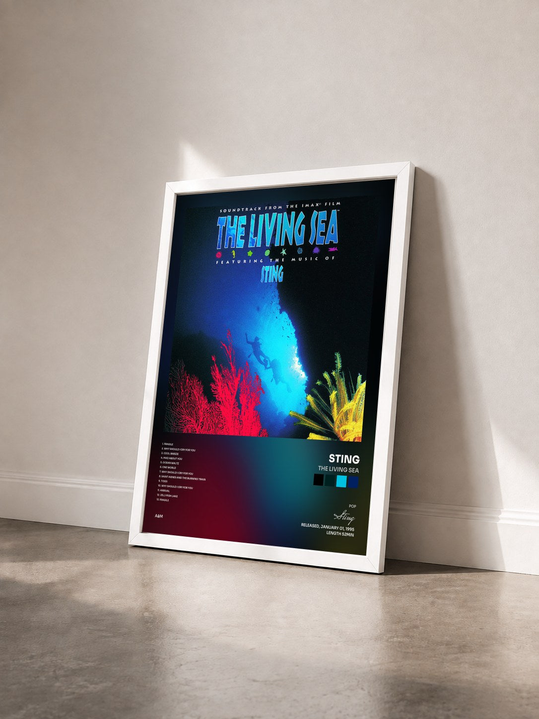 #blanc The Living Sea by Sting as a framed art print seen at an angle, white frame
