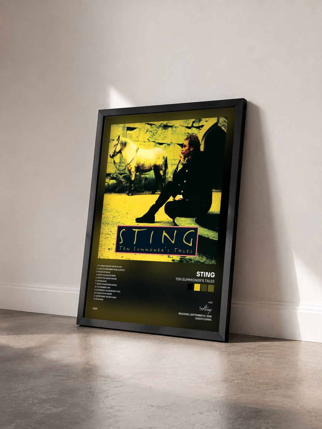#noir Ten Summoner's Tales by Sting as a framed art print seen at an angle, black frame