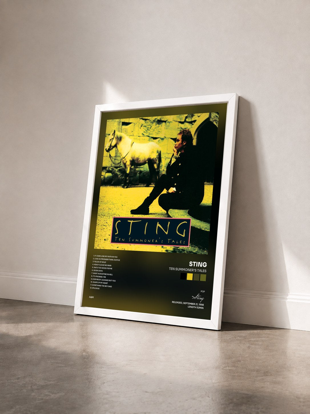 #blanc Ten Summoner's Tales by Sting as a framed art print seen at an angle, white frame