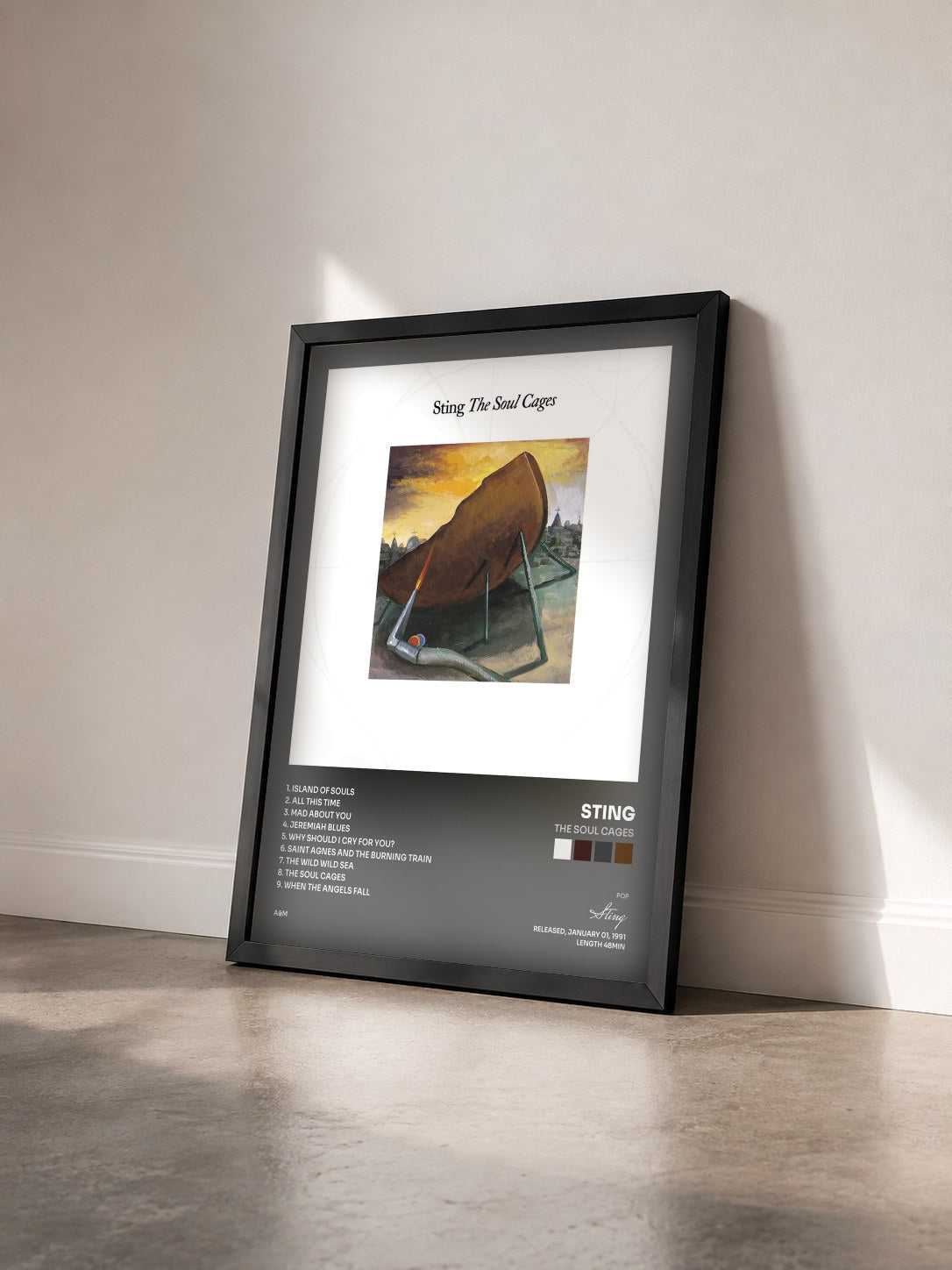 #noir The Soul Cages by Sting as a framed art print seen at an angle, black frame
