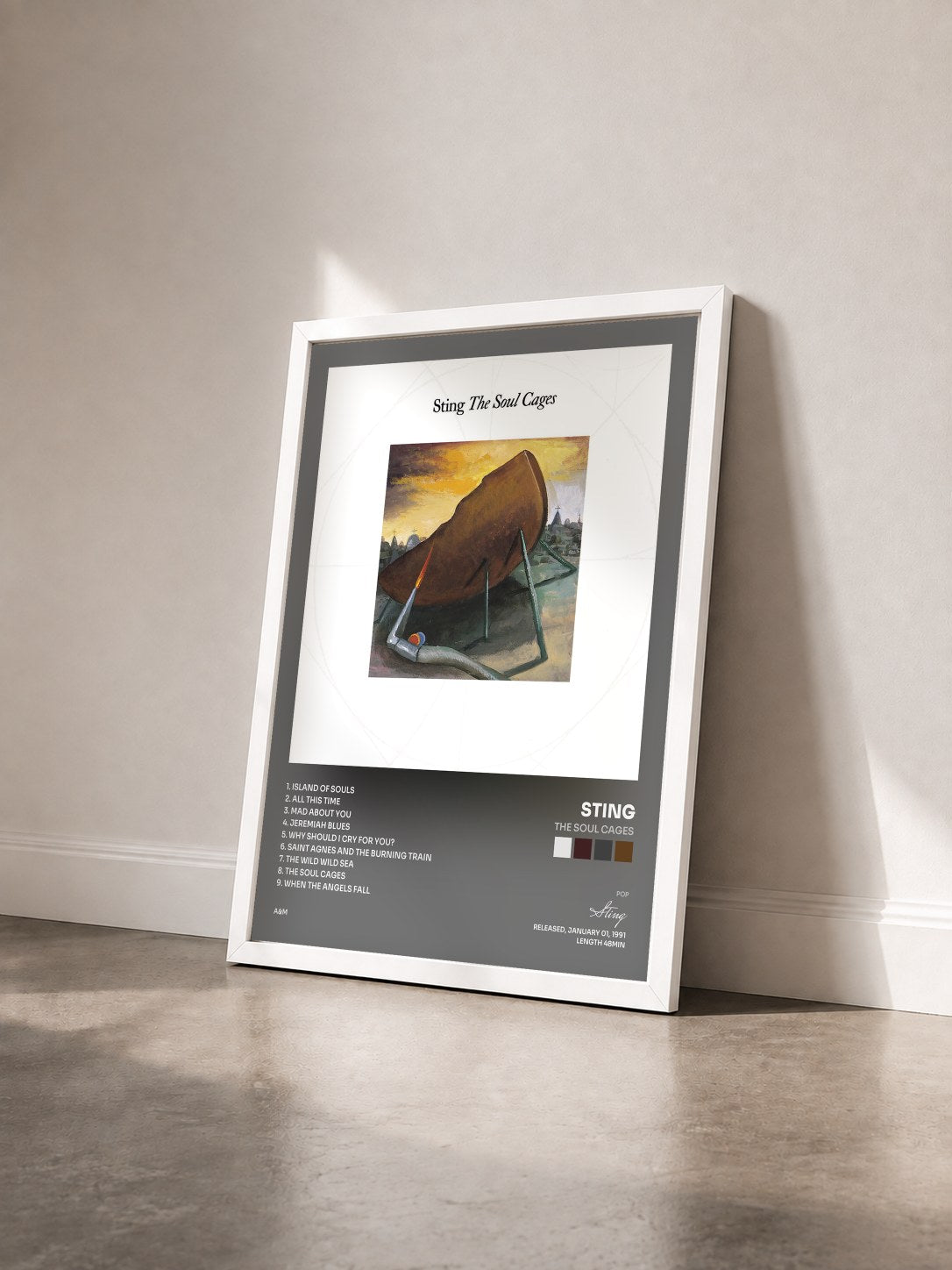 #blanc The Soul Cages by Sting as a framed art print seen at an angle, white frame