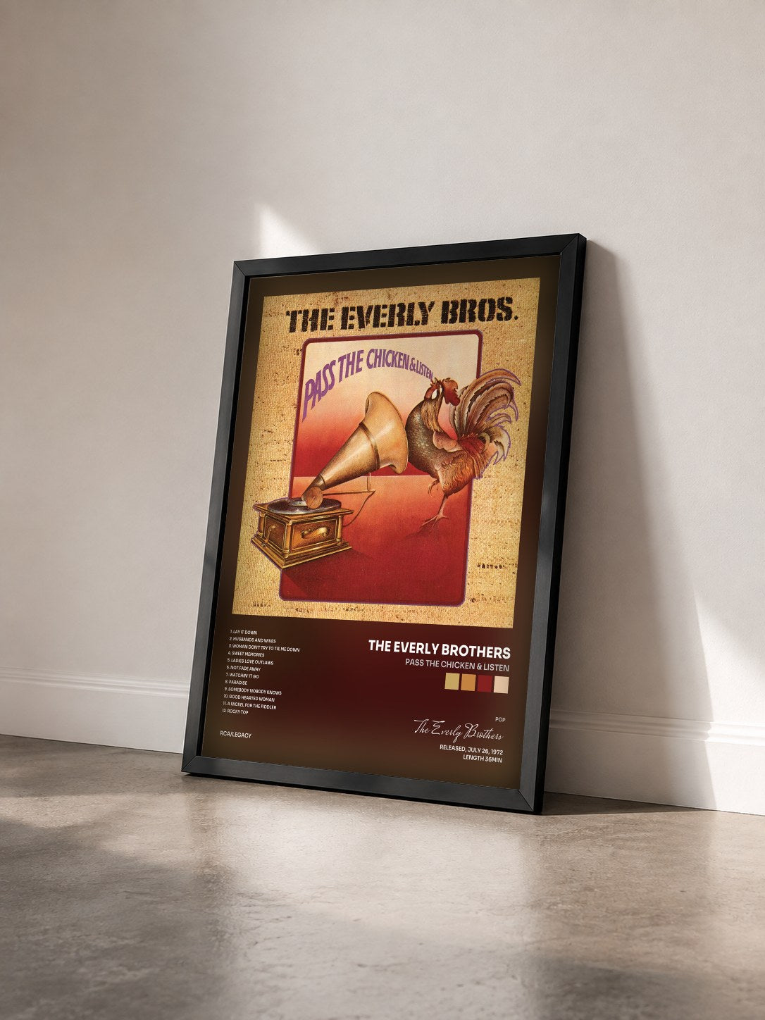 #noir Tableau de l'album Pass The Chicken & Listen de The Everly Brothers vu de trois quarts, cadre noir