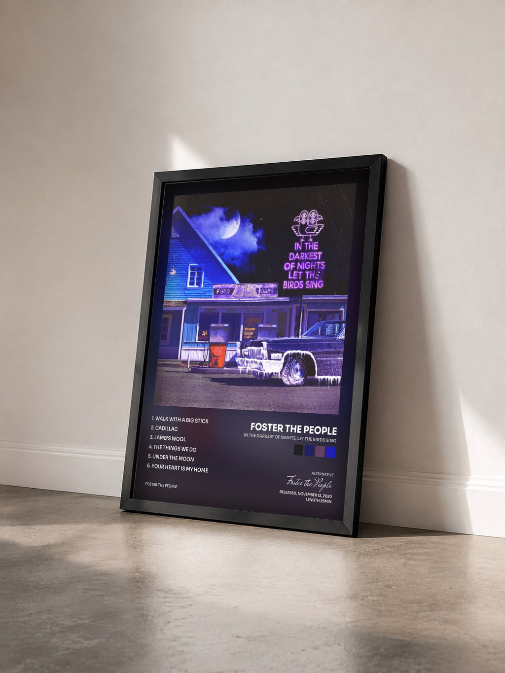 #noir In The Darkest Of Nights, Let The Birds Sing by Foster the People as a framed art print seen at an angle, black frame