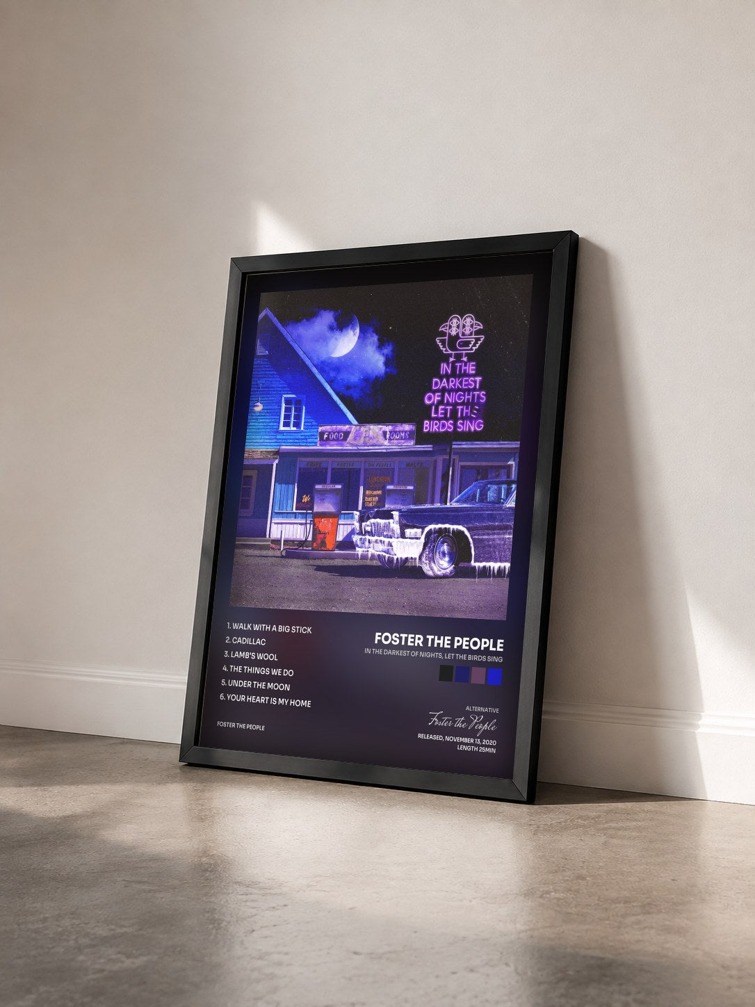 #noir In The Darkest Of Nights, Let The Birds Sing by Foster the People as a framed art print seen at an angle, black frame