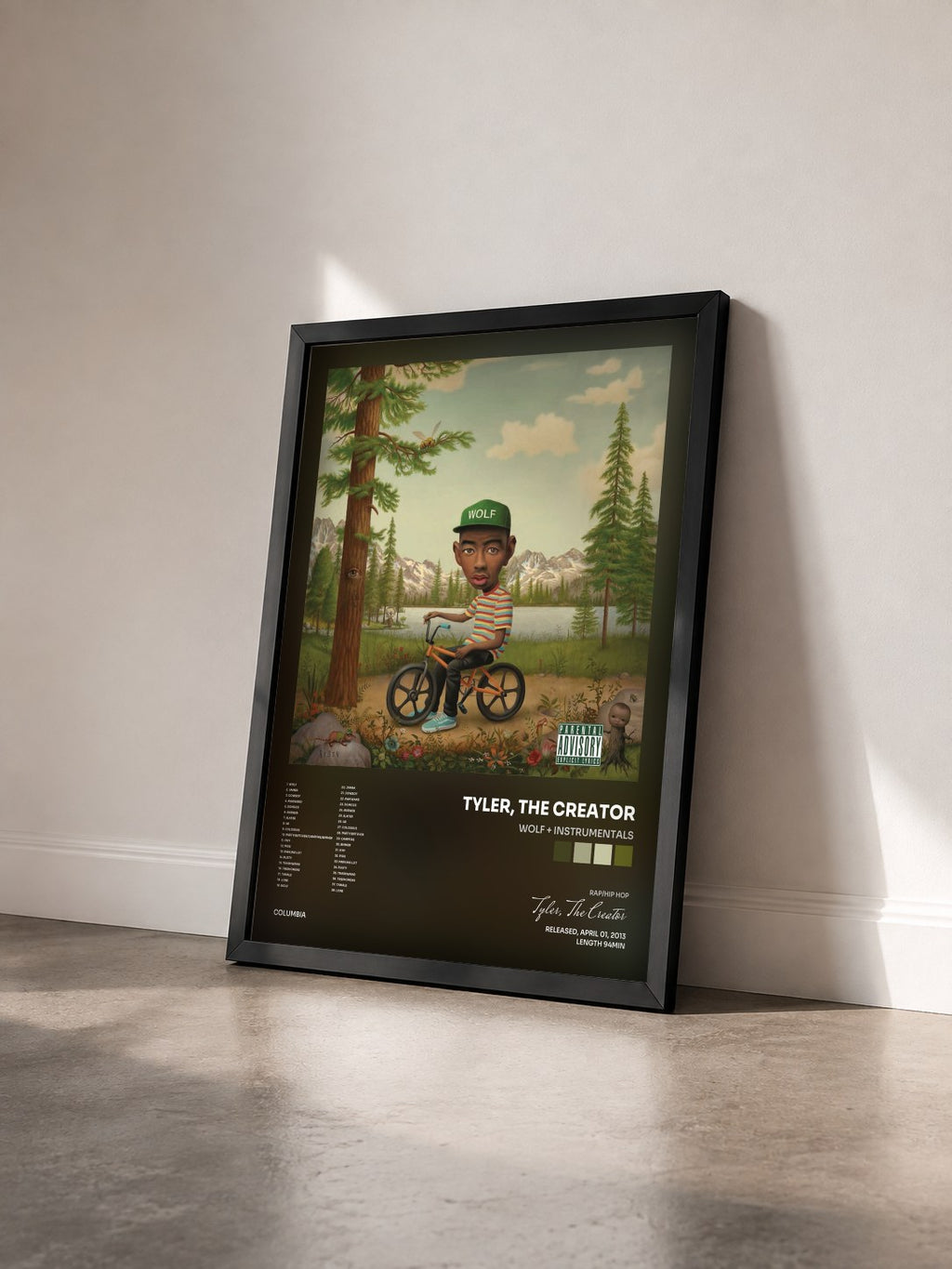 #noir Tableau de l'album Wolf + Instrumentals de Tyler, The Creator vu de trois quarts, cadre noir